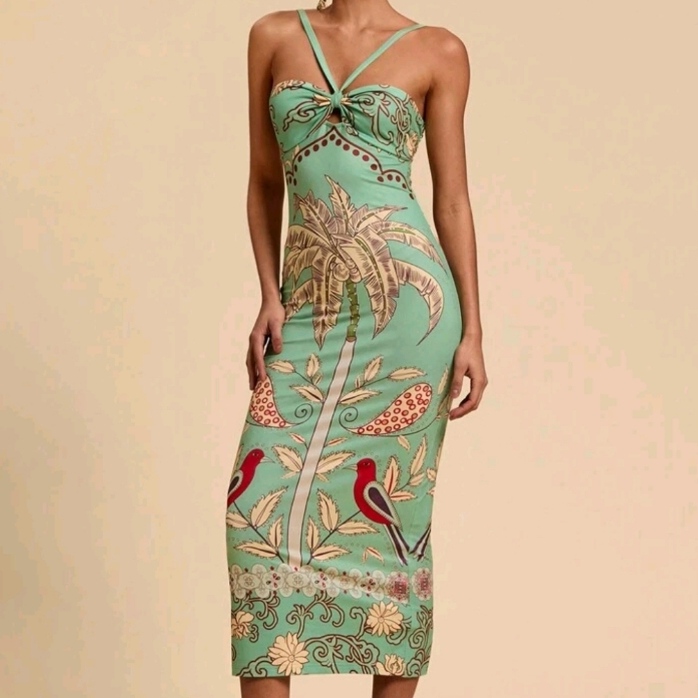 NWOT Beautiful Sage Tropical Print Green Dress Size XL